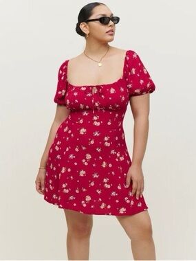 Reformation red floral Corbin Cassia puff sleeve mini dress size 2